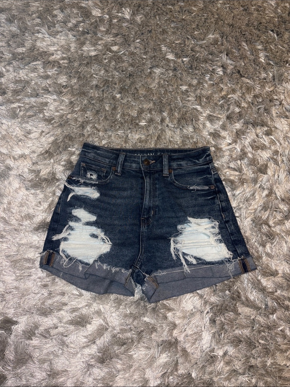High-Rise Distressed Dark Denim Women’s Shorts - Dark Blue - AMERICAN EAGLE
